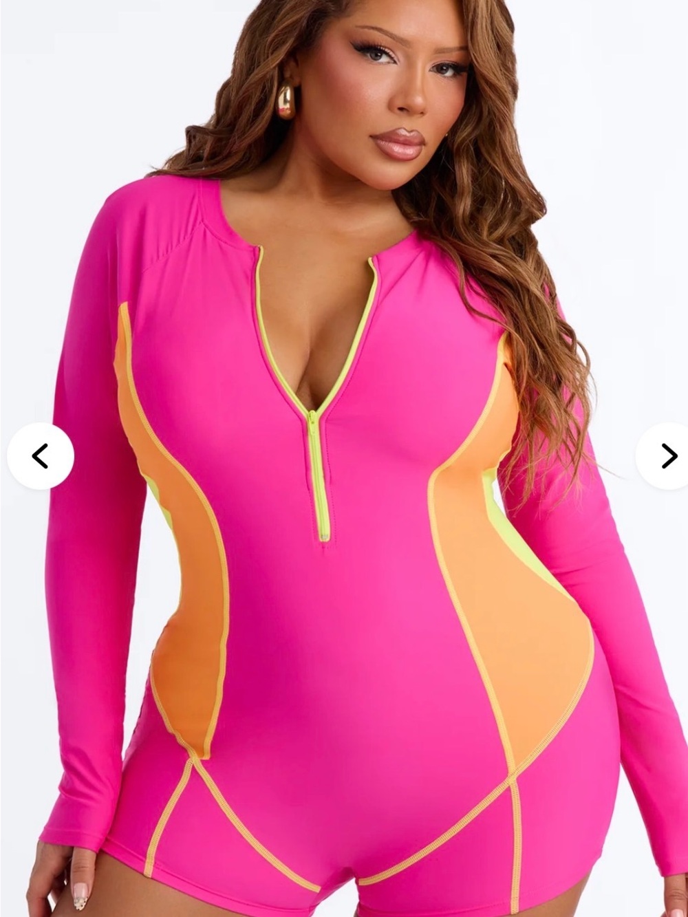 Fashion Nova Hot Pink & Orange Long-Sleeve Zip One-Piece